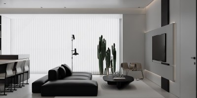 现代极简黑白客餐厅3D模型下载